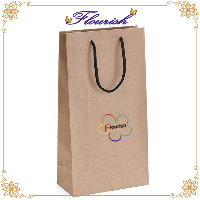 Two Bottle Wine Packaging Kraft Paper Bag with Black Cotton Handle