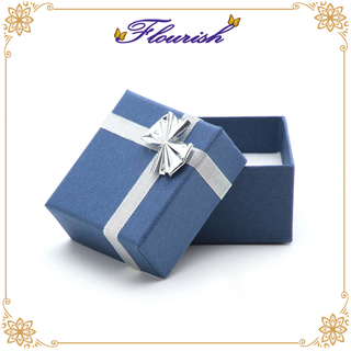 Blue Art Paper Square Ring Box with Silver Bow-tie