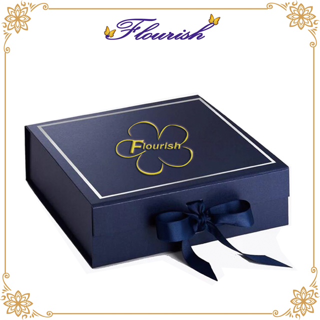 Elegant Navy Color Paperboard Gift Packaging Box with Ribbon Closure