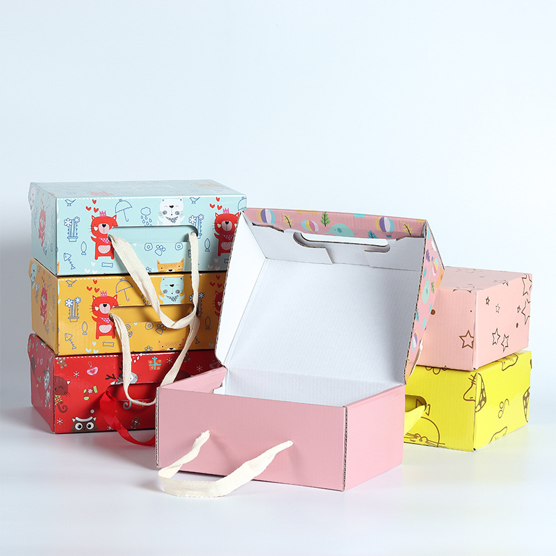 Custom Logo Printed Cardboard Corrugated Flute Paper Packaging Gift Carton Shipping Boxes With Ribbon Handle