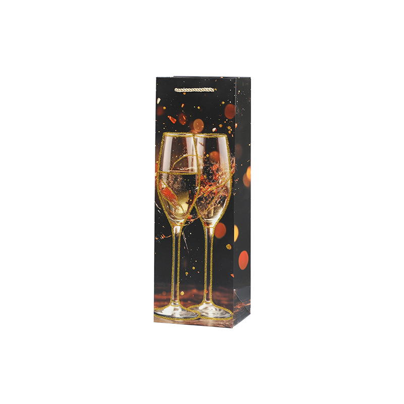 Premium Durable Luxury Packaging Stamping Foil Black Wine Gift Paper Gift Bag Champagne Bag with Handles for Packing Single or Double Wine Bottles