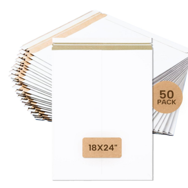 Customizable 18x24 Inch Self-Sealing Stay Flat Rigid Cardboard Mailers Recycled White Chipboard Envelopes For Art Prints Photos Posters Shipping Packaging