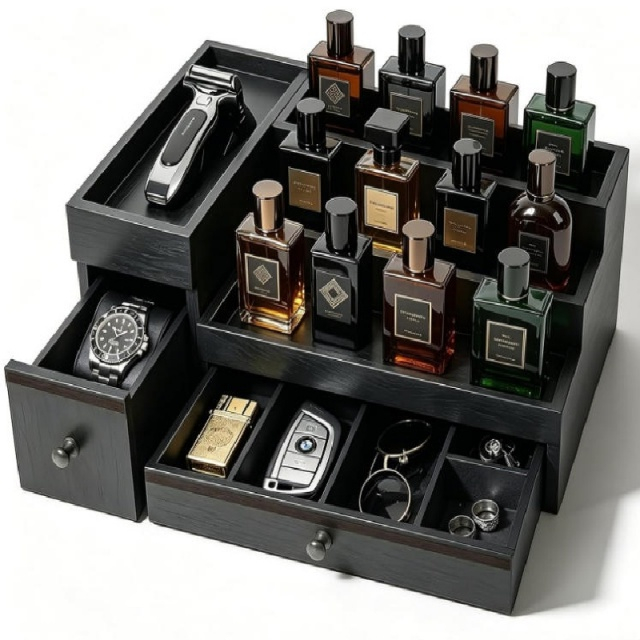 Wooden Men's Grooming Organizer with Drawers – The Gentleman's Command Center for Perfume, Watch & Accessories Storage