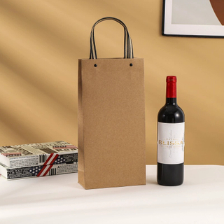 Customized Gravure Printed Luxury Brown Kraft Paper Food Grade Recycled Materials Red Wine Glass Packing and Packaging Gift Bag Logo Design Single Bottle