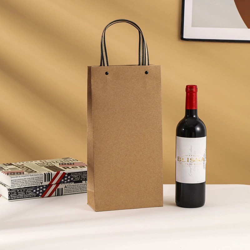 Customized Gravure Printed Luxury Brown Kraft Paper Food Grade Recycled Materials Red Wine Glass Packing and Packaging Gift Bag Logo Design Single Bottle