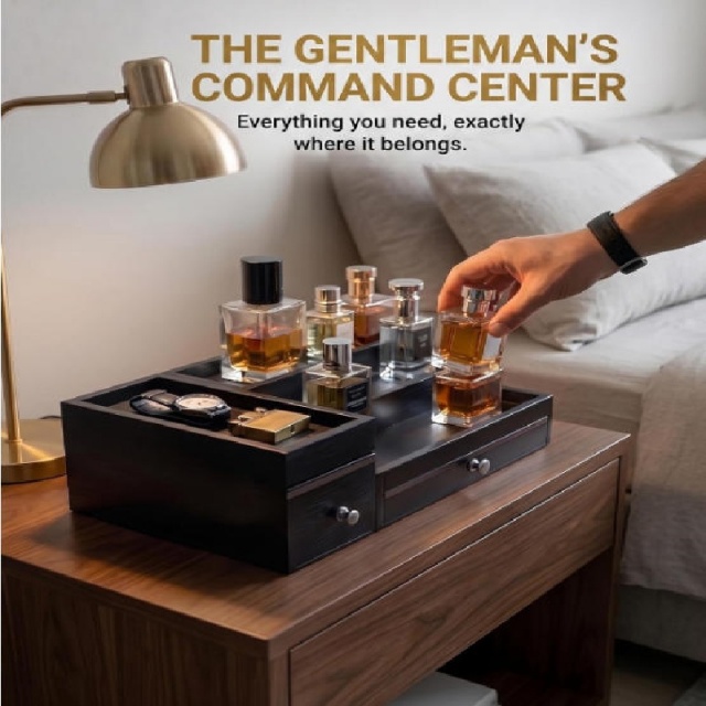 Wooden Men's Grooming Organizer with Drawers – The Gentleman's Command Center for Perfume, Watch & Accessories Storage
