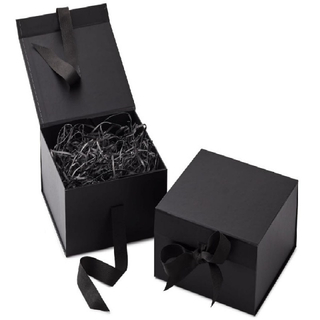 matte black rigid gift box with ribbon bow | collapsible packaging box with crinkle paper filler for wedding, birthday and corporate gifts