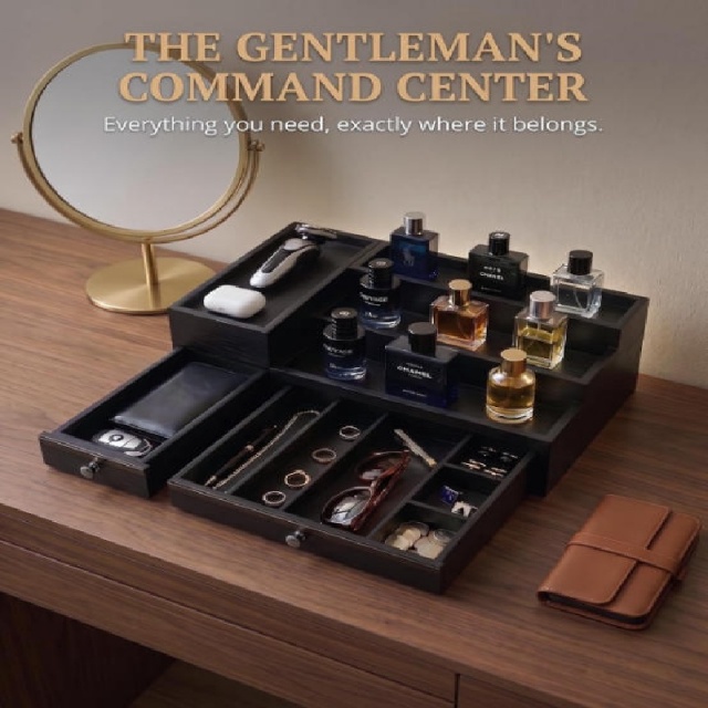Wooden Men's Grooming Organizer with Drawers – The Gentleman's Command Center for Perfume, Watch & Accessories Storage