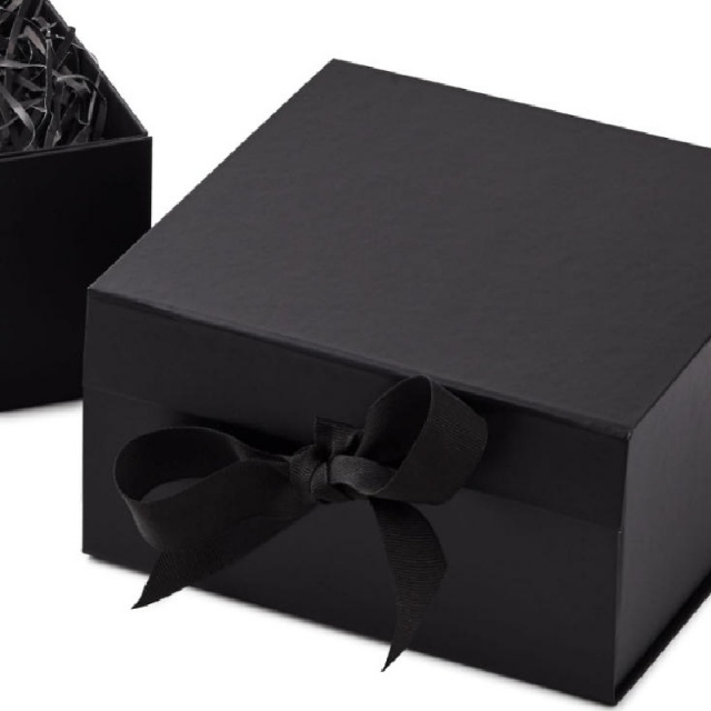 matte black rigid gift box with ribbon bow | collapsible packaging box with crinkle paper filler for wedding, birthday and corporate gifts