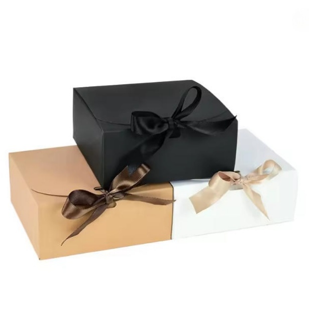 Customizable Ribbon Tie Gift Boxes - Kraft/Black/White Paper Packaging Boxes for Wedding, Birthday & Party Favors