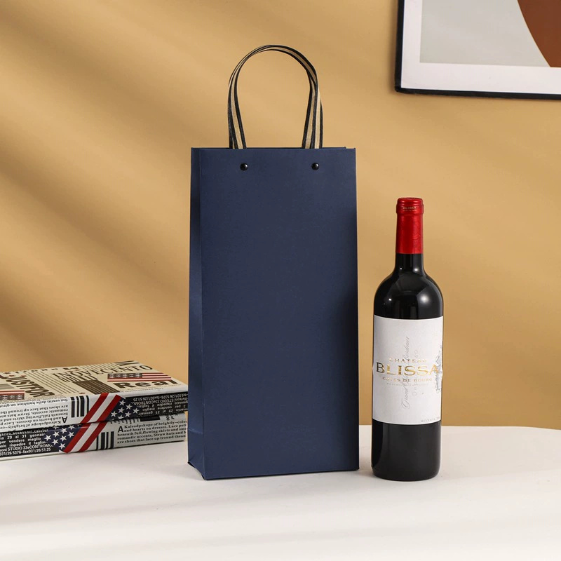 Custom High-End Brown Handle Wine Bag Paper Packaging Packing Gift Bag for Wine Blttle with Your Own Logo