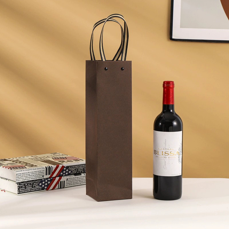 Customized Gravure Printed Luxury Brown Kraft Paper Food Grade Recycled Materials Red Wine Glass Packing and Packaging Gift Bag Logo Design Single Bottle