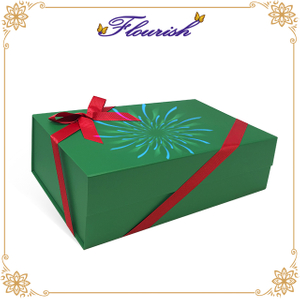 Silver Printing Green Rigid Cardboard Birthday Gift Surprise Box with Red Ribbon Decoration