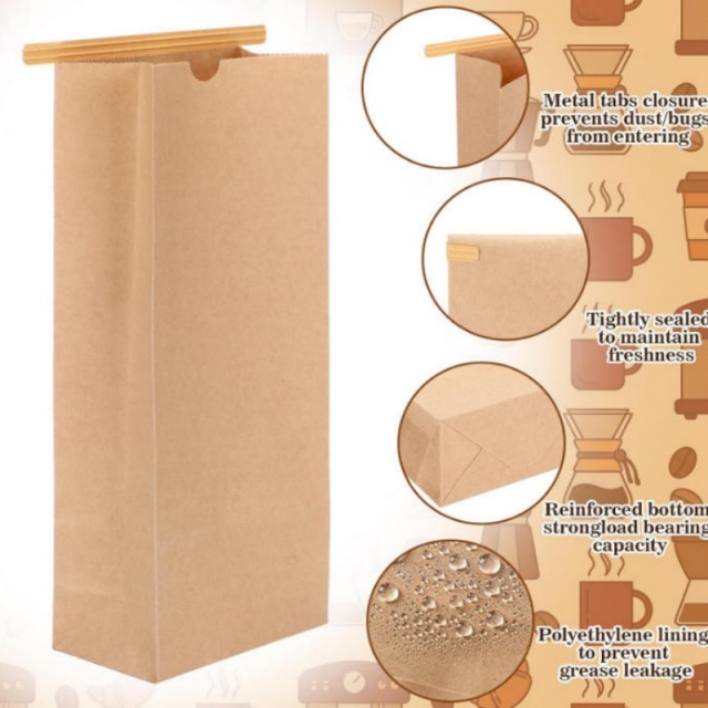 Kraft Paper Coffee Bags with Tin Tie Closure, 1 LB Size, 80 Pack, Food Grade Storage Bags for Coffee Beans, Bread & Snacks