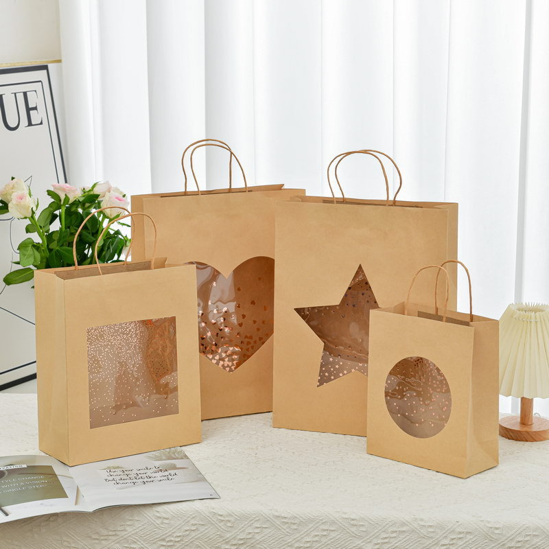 Natural Kraft Paper Packaging Bags,Twisted Handle Bags With Window