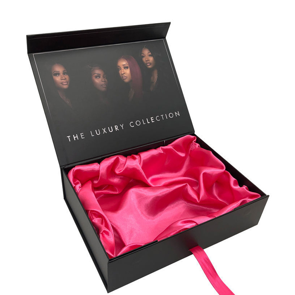 Customized Luxury Cardboard Paper Wig Hair Extension Magnetic Folding Packaging Boxes Premium Ribbon Art Packing Box with Sponge Lining