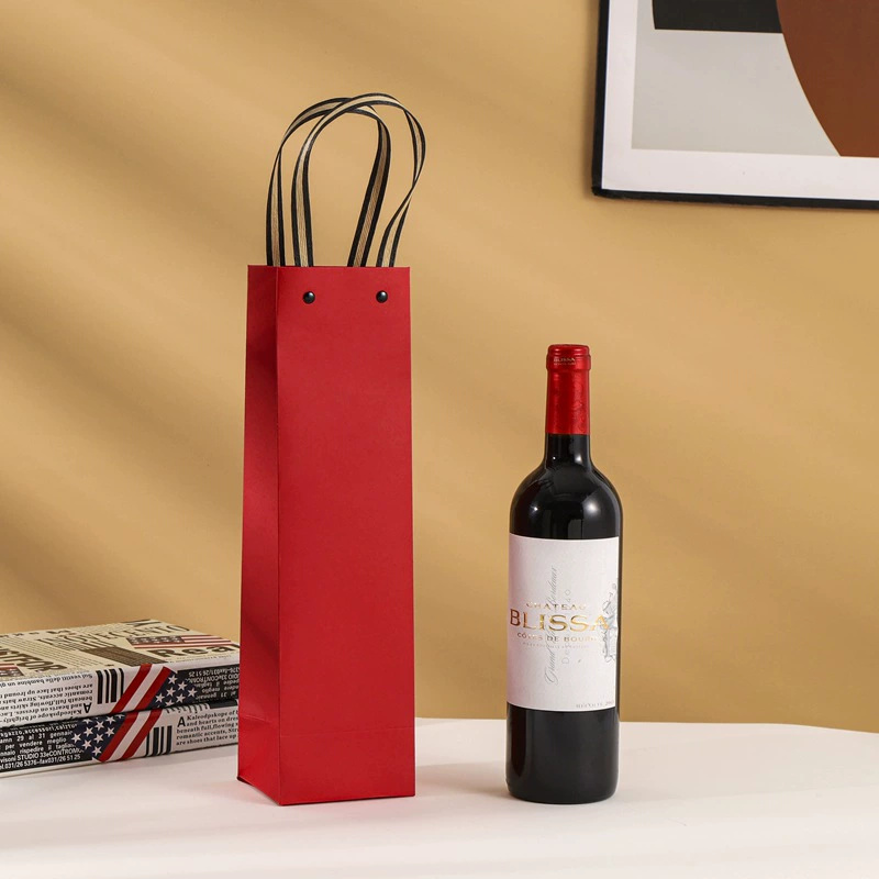 Customized Gravure Printed Luxury Brown Kraft Paper Food Grade Recycled Materials Red Wine Glass Packing and Packaging Gift Bag Logo Design Single Bottle