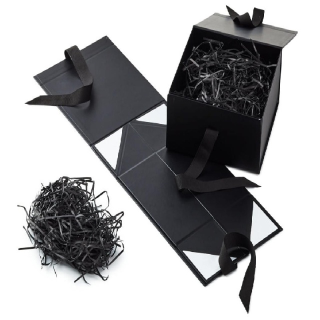 matte black rigid gift box with ribbon bow | collapsible packaging box with crinkle paper filler for wedding, birthday and corporate gifts