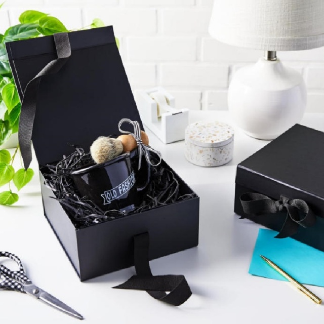 matte black rigid gift box with ribbon bow | collapsible packaging box with crinkle paper filler for wedding, birthday and corporate gifts